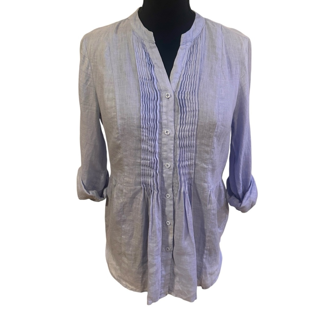 Malvin Linen Top Size Small Blue Roll Tab Sleeves Pin Tuck Front Peplum Waist